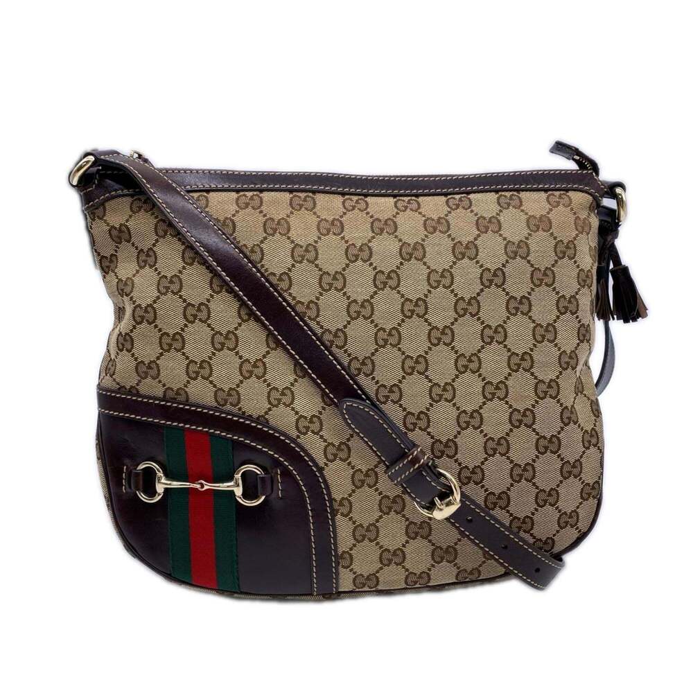 GUCCI GG Canvas Horsebit Shoulder Bag 232967 Beige Brown Multicolor Leather W...
